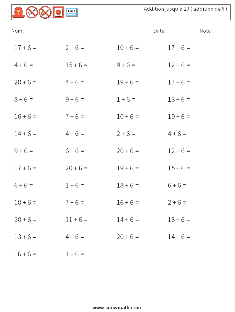 (50) Addition jusqu'à 20 ( addition de 6 ) Fiches d'Exercices de Mathématiques 5