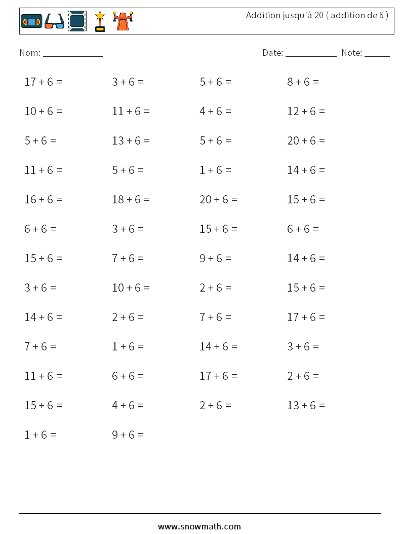 (50) Addition jusqu'à 20 ( addition de 6 ) Fiches d'Exercices de Mathématiques 7