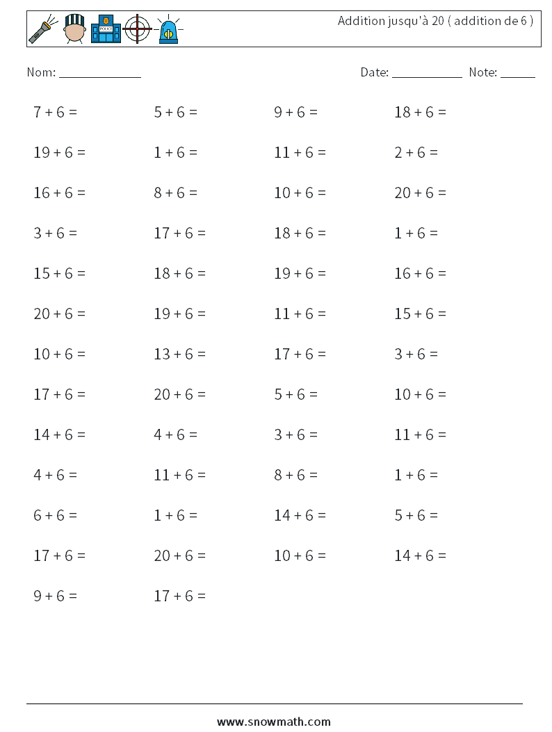 (50) Addition jusqu'à 20 ( addition de 6 ) Fiches d'Exercices de Mathématiques 8