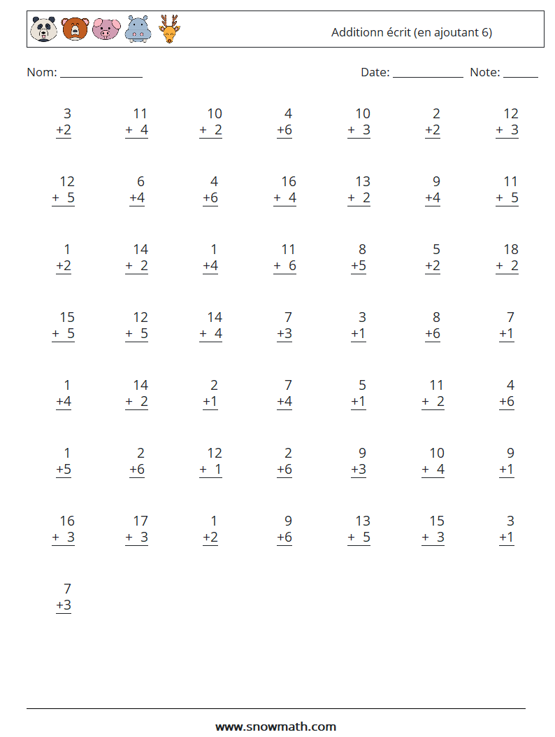 (50) Additionn écrit (en ajoutant 6) Fiches d'Exercices de Mathématiques 1