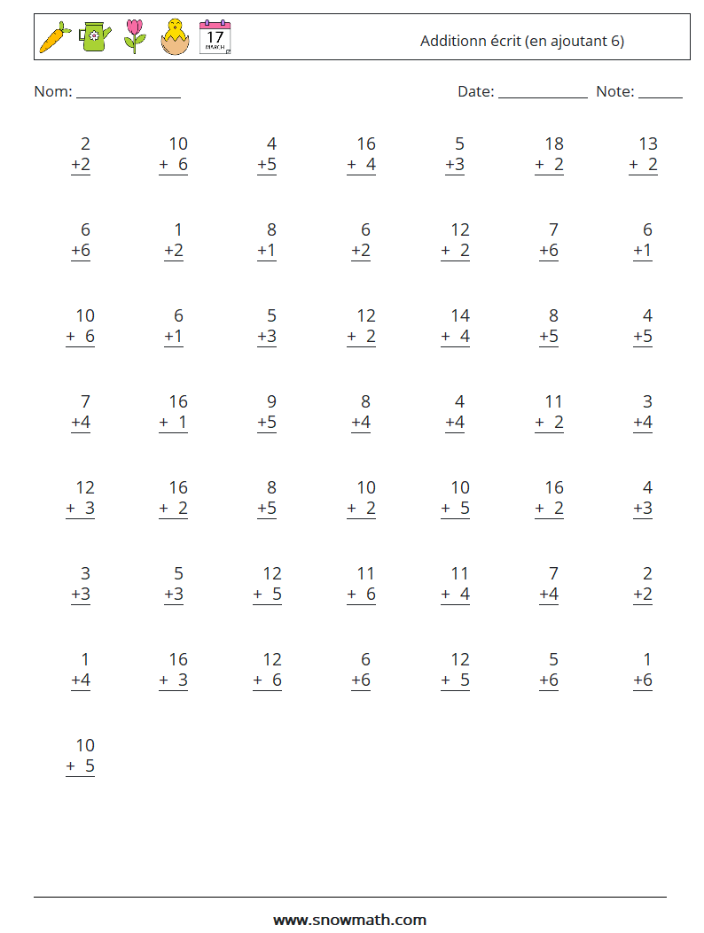 (50) Additionn écrit (en ajoutant 6) Fiches d'Exercices de Mathématiques 10