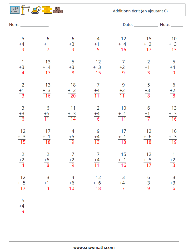 (50) Additionn écrit (en ajoutant 6) Fiches d'Exercices de Mathématiques 11 Question, Réponse