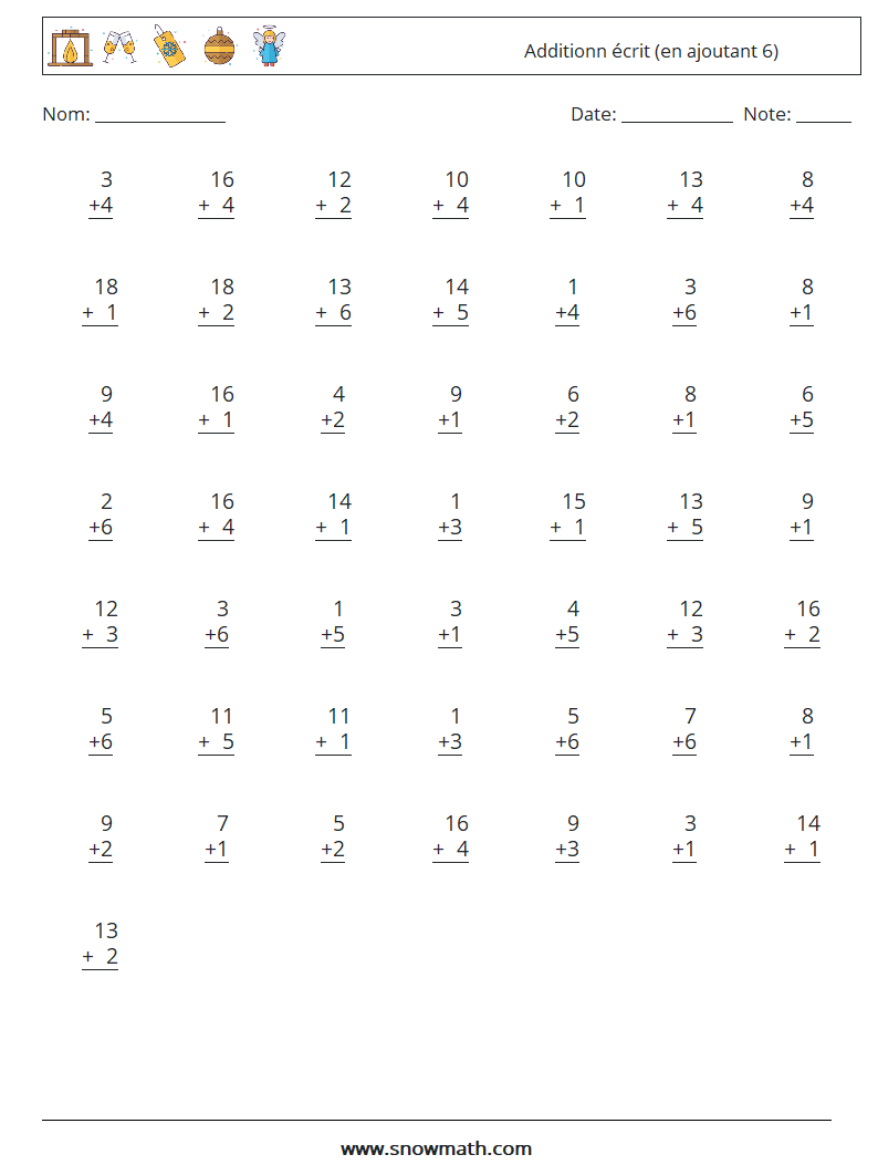 (50) Additionn écrit (en ajoutant 6) Fiches d'Exercices de Mathématiques 12