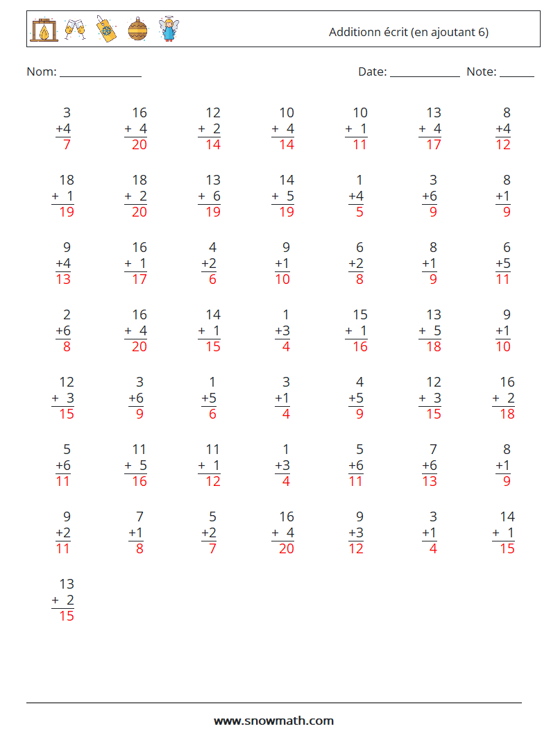 (50) Additionn écrit (en ajoutant 6) Fiches d'Exercices de Mathématiques 12 Question, Réponse