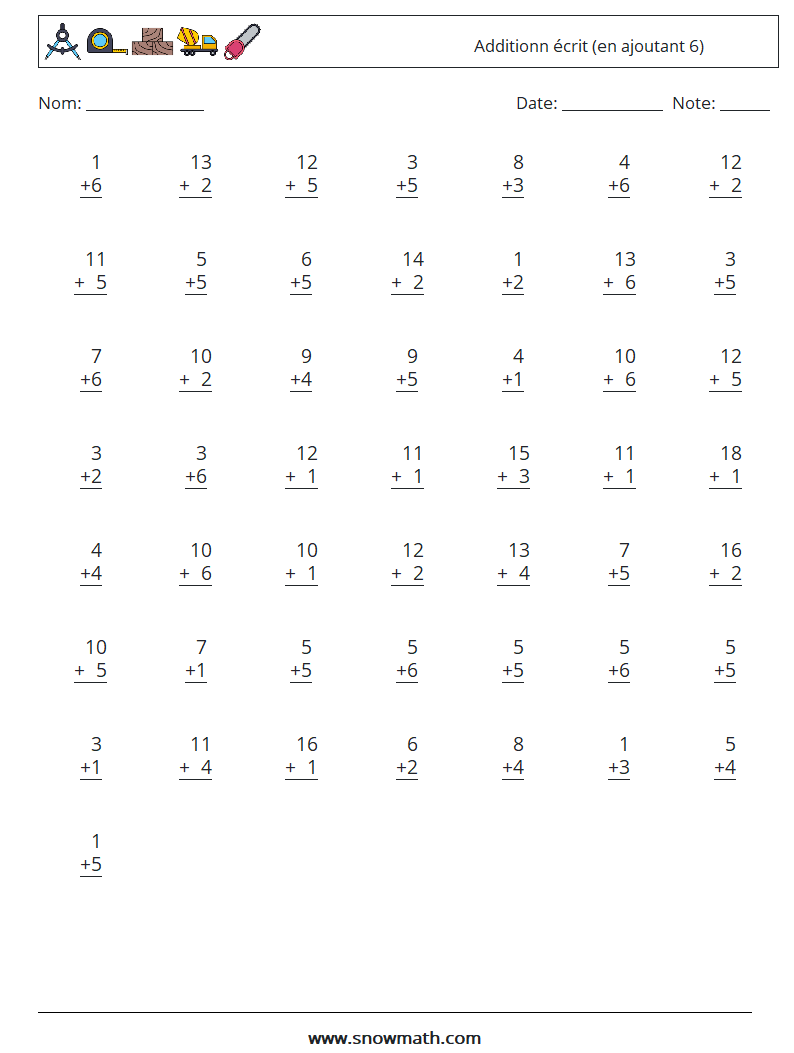 (50) Additionn écrit (en ajoutant 6) Fiches d'Exercices de Mathématiques 13