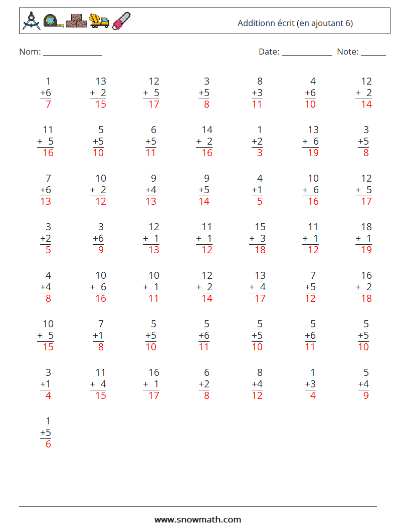 (50) Additionn écrit (en ajoutant 6) Fiches d'Exercices de Mathématiques 13 Question, Réponse