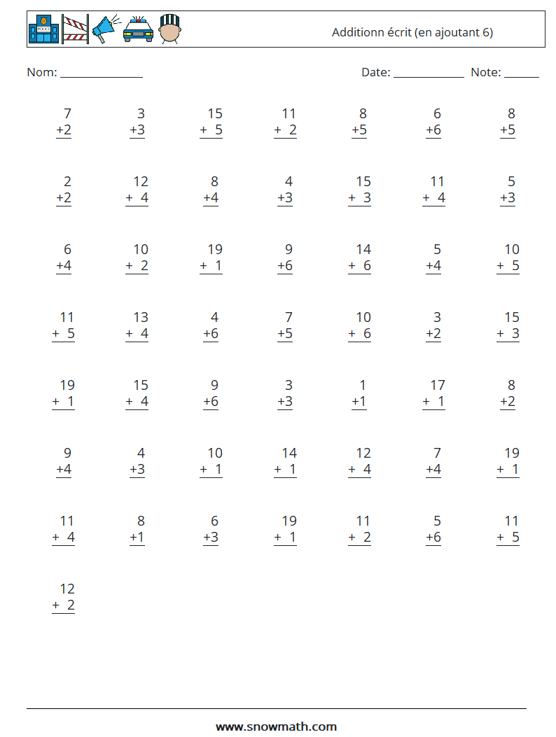 (50) Additionn écrit (en ajoutant 6) Fiches d'Exercices de Mathématiques 14