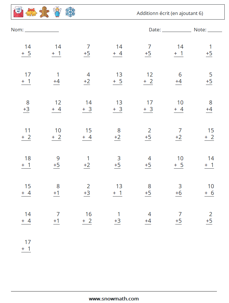 (50) Additionn écrit (en ajoutant 6) Fiches d'Exercices de Mathématiques 15