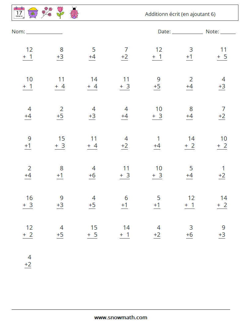 (50) Additionn écrit (en ajoutant 6) Fiches d'Exercices de Mathématiques 16