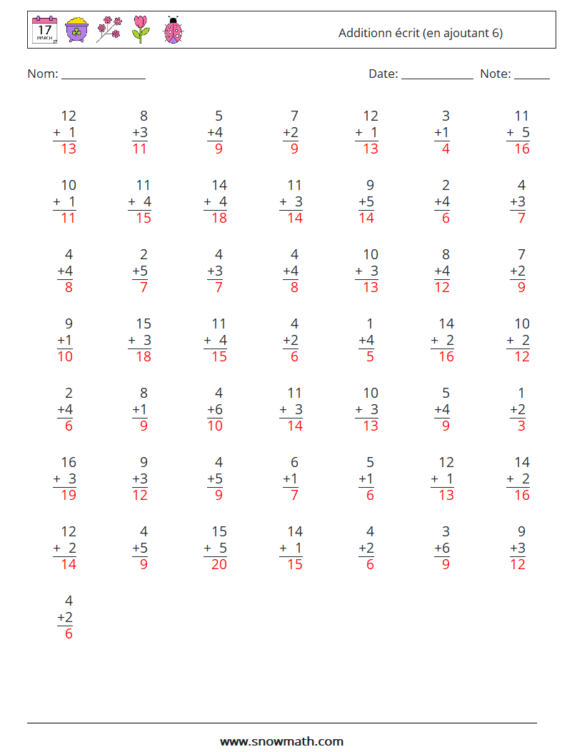 (50) Additionn écrit (en ajoutant 6) Fiches d'Exercices de Mathématiques 16 Question, Réponse