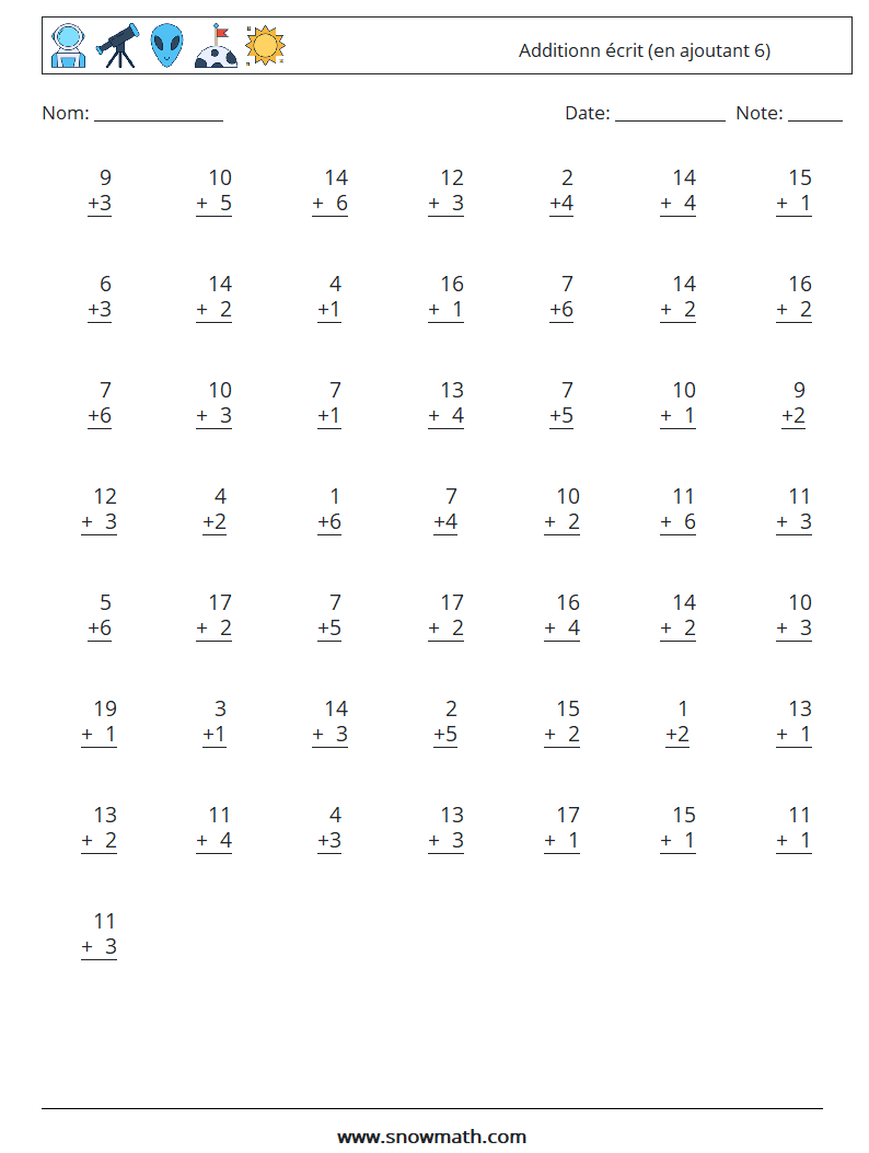 (50) Additionn écrit (en ajoutant 6) Fiches d'Exercices de Mathématiques 17