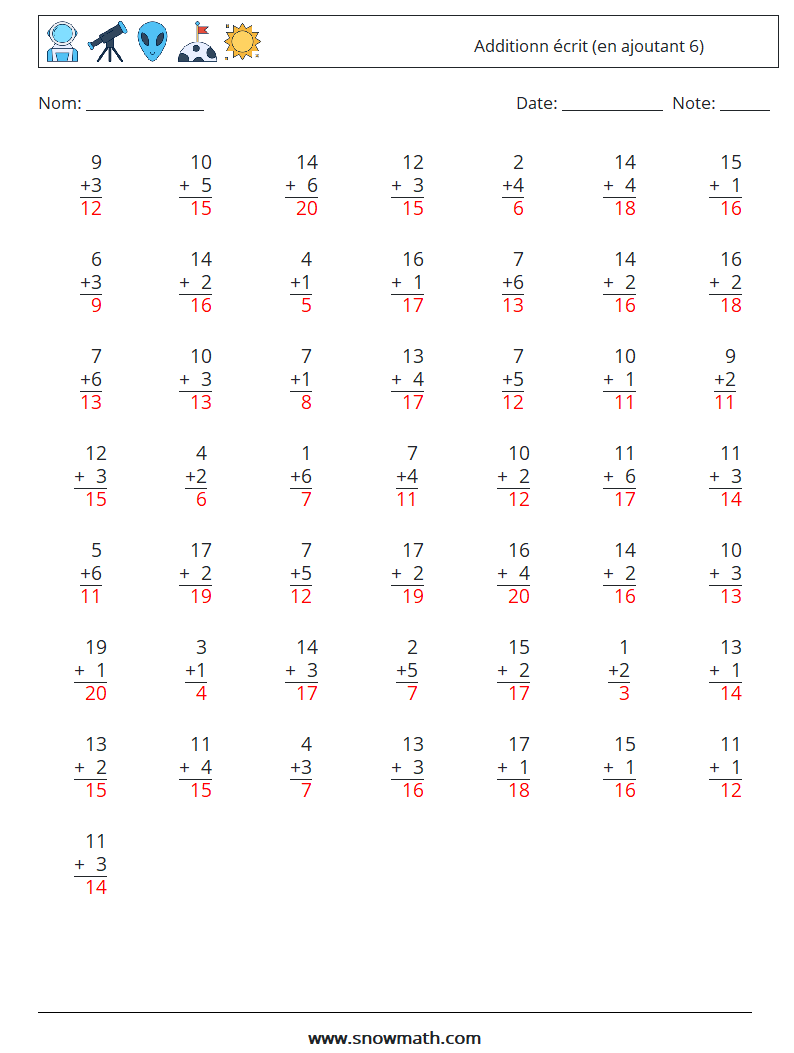 (50) Additionn écrit (en ajoutant 6) Fiches d'Exercices de Mathématiques 17 Question, Réponse