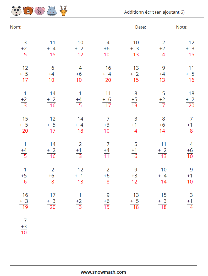 (50) Additionn écrit (en ajoutant 6) Fiches d'Exercices de Mathématiques 1 Question, Réponse