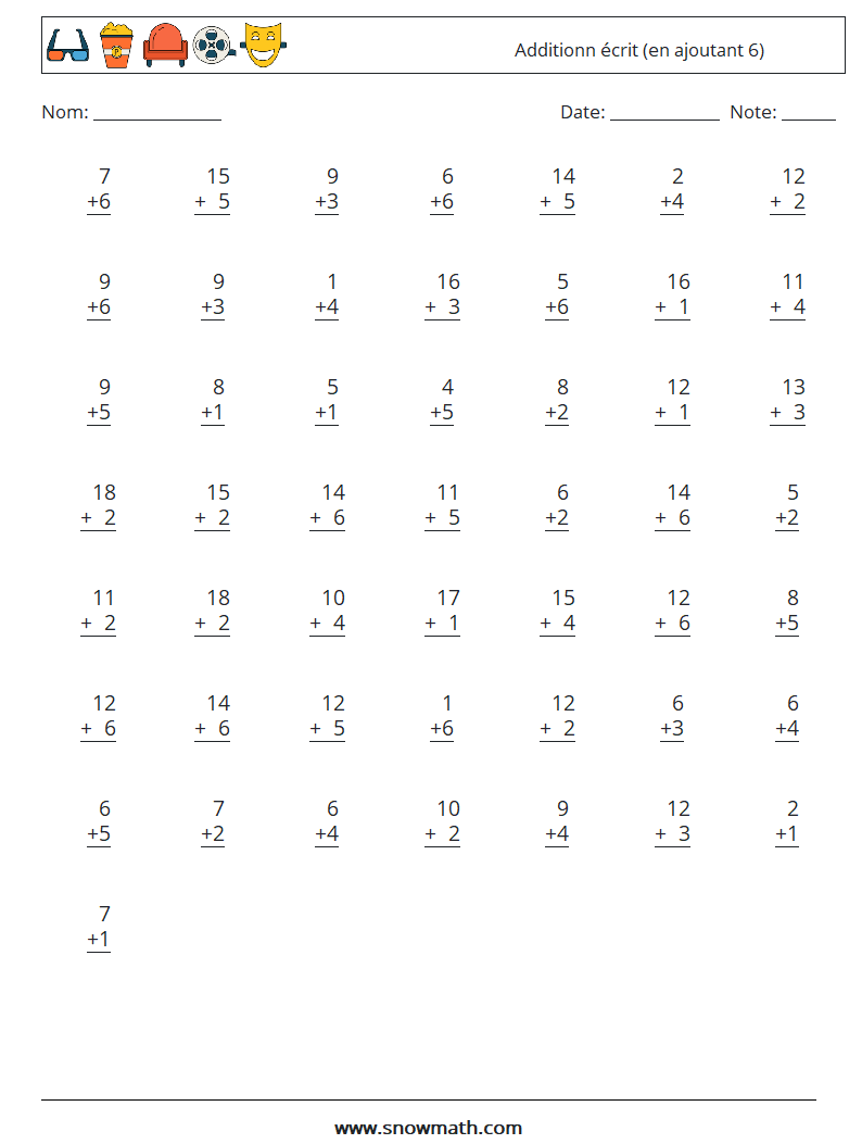 (50) Additionn écrit (en ajoutant 6) Fiches d'Exercices de Mathématiques 2