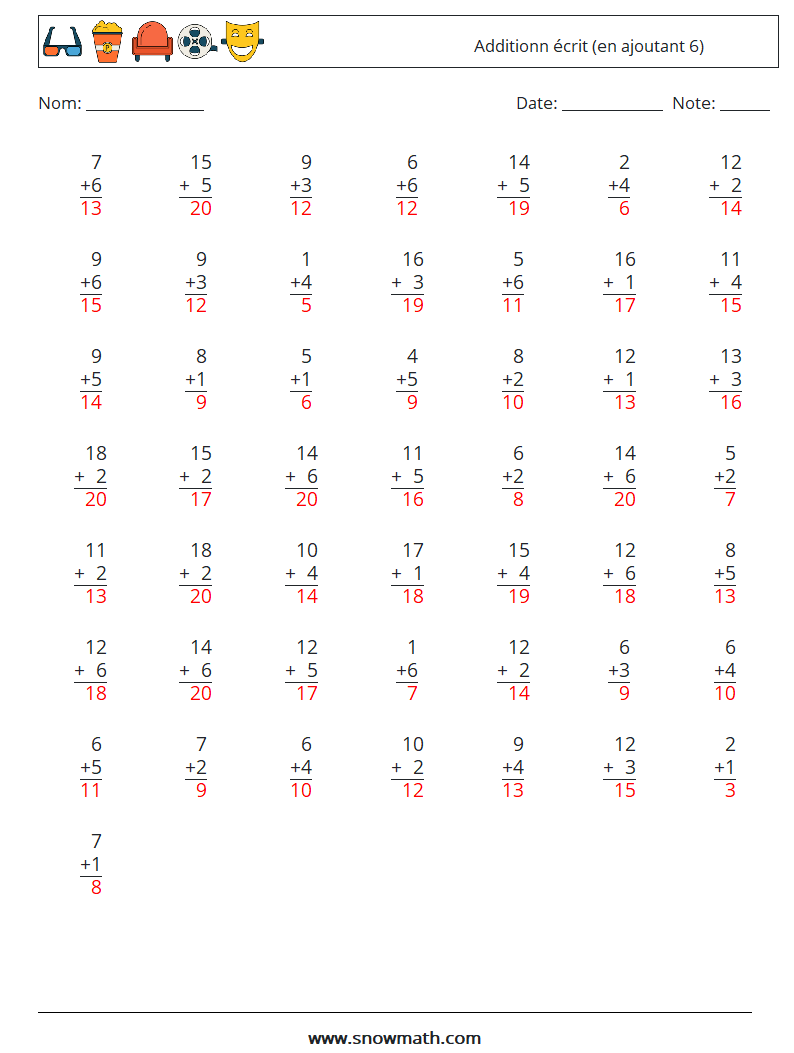 (50) Additionn écrit (en ajoutant 6) Fiches d'Exercices de Mathématiques 2 Question, Réponse