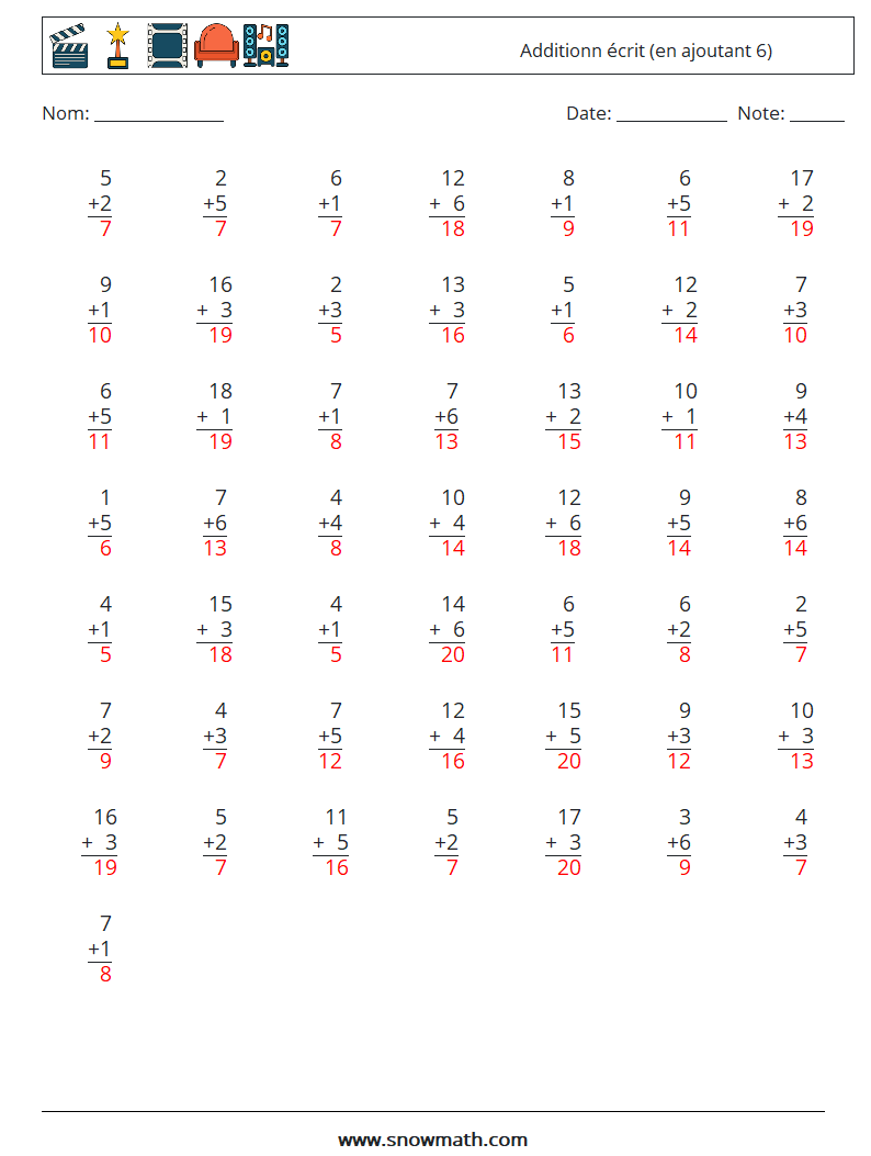 (50) Additionn écrit (en ajoutant 6) Fiches d'Exercices de Mathématiques 3 Question, Réponse