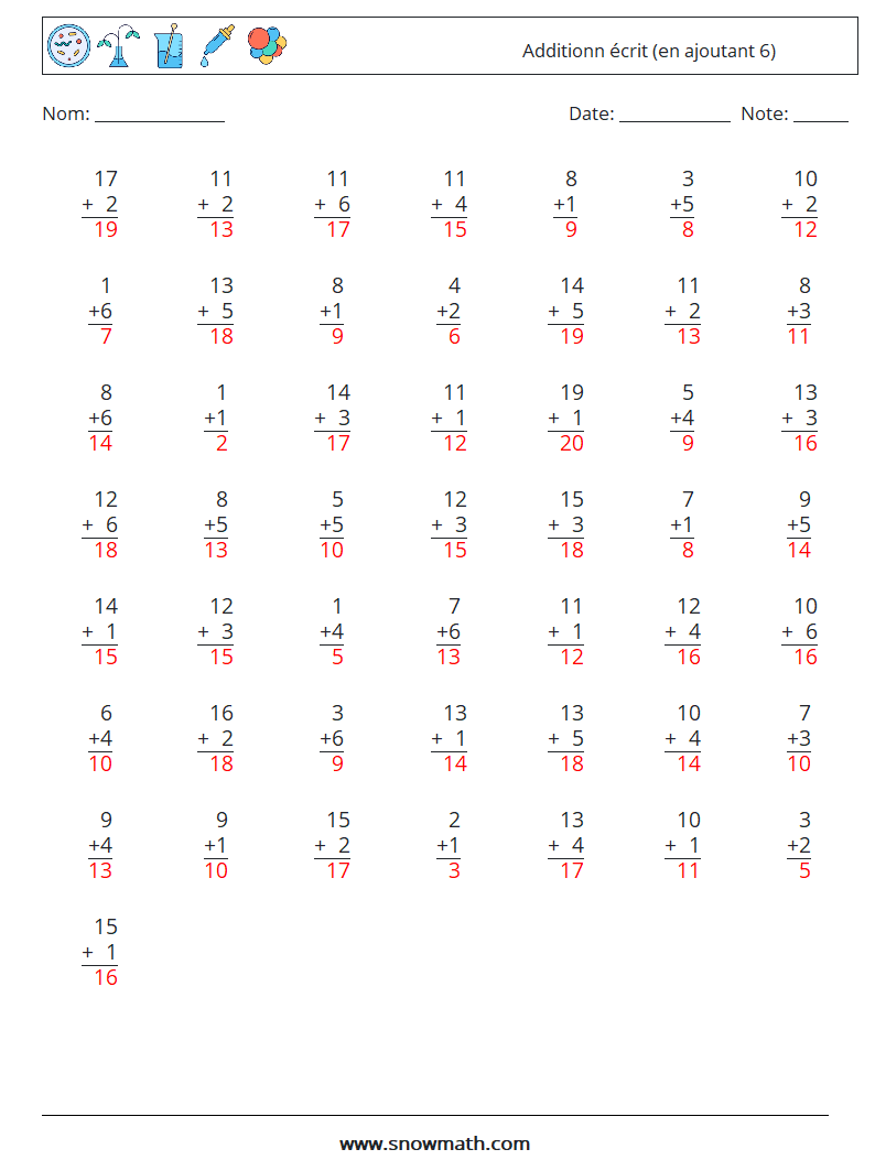 (50) Additionn écrit (en ajoutant 6) Fiches d'Exercices de Mathématiques 4 Question, Réponse