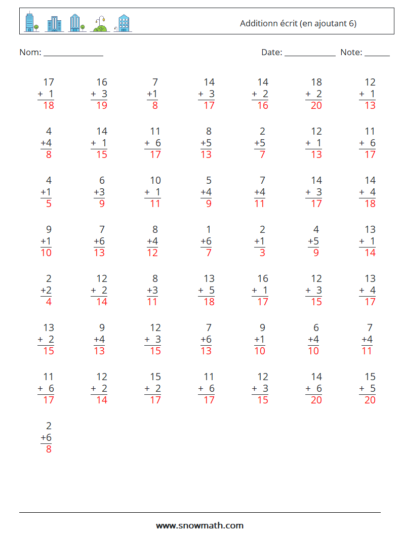 (50) Additionn écrit (en ajoutant 6) Fiches d'Exercices de Mathématiques 5 Question, Réponse