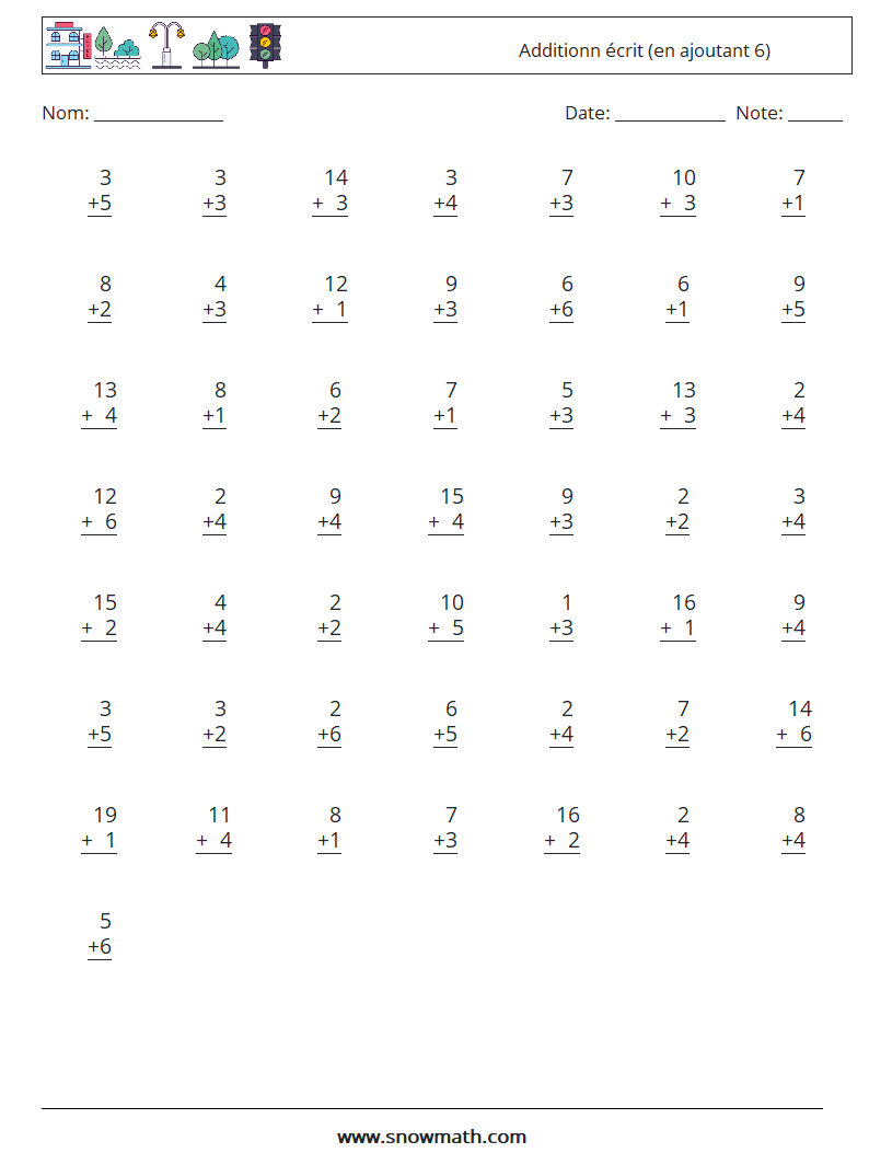 (50) Additionn écrit (en ajoutant 6) Fiches d'Exercices de Mathématiques 6