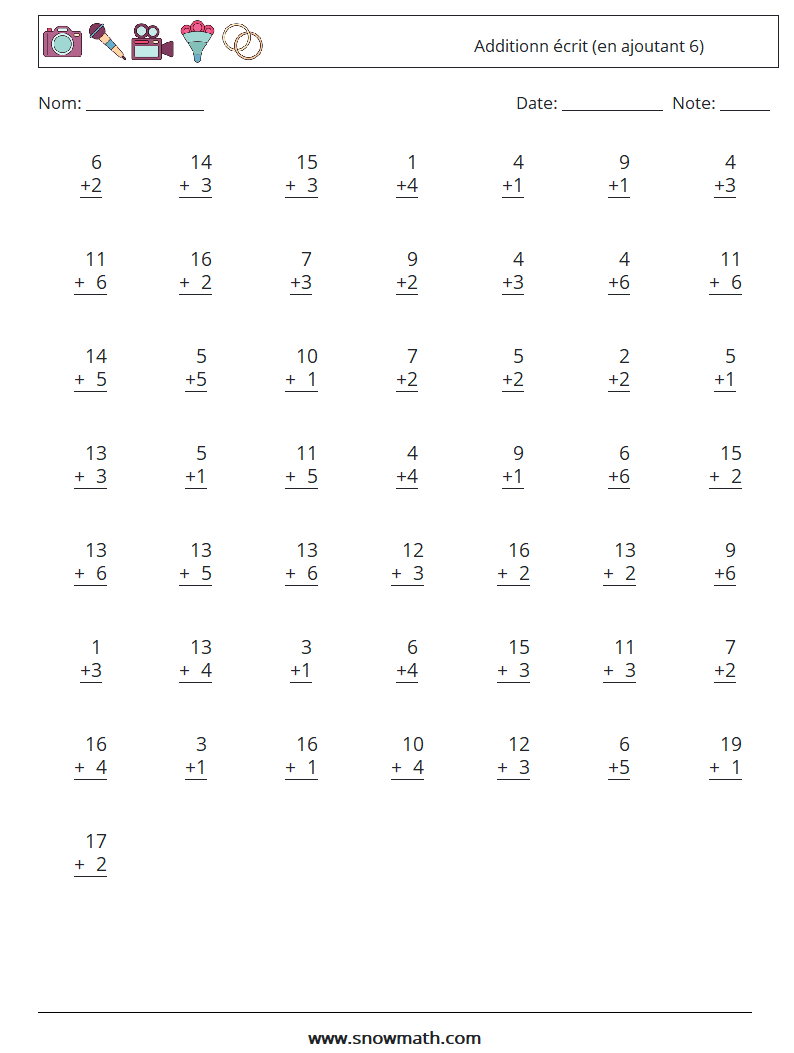 (50) Additionn écrit (en ajoutant 6) Fiches d'Exercices de Mathématiques 7