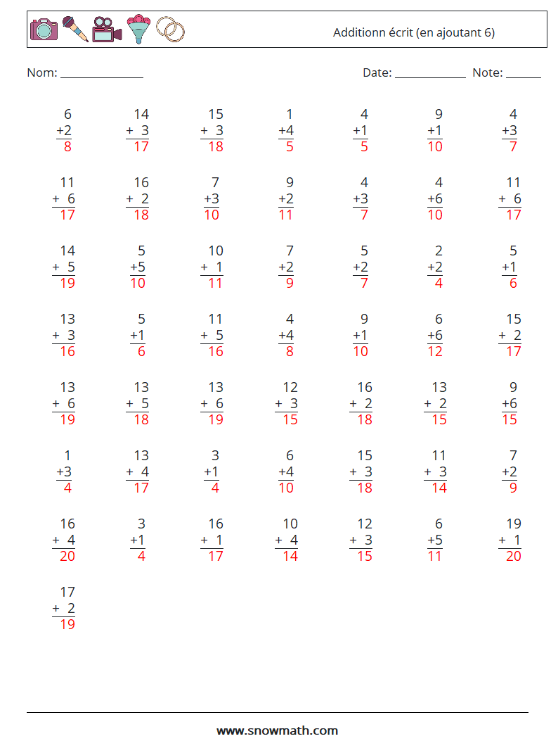 (50) Additionn écrit (en ajoutant 6) Fiches d'Exercices de Mathématiques 7 Question, Réponse