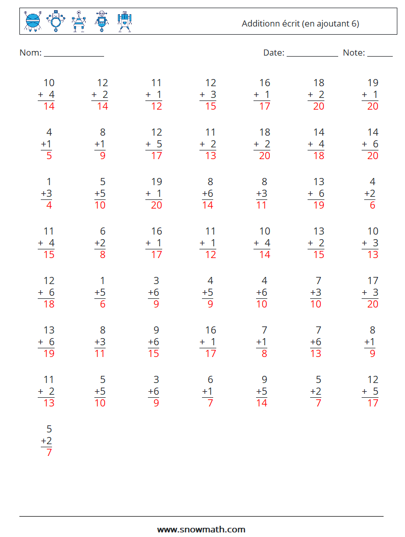 (50) Additionn écrit (en ajoutant 6) Fiches d'Exercices de Mathématiques 8 Question, Réponse