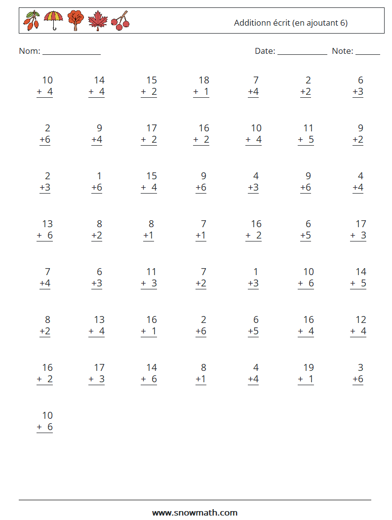 (50) Additionn écrit (en ajoutant 6) Fiches d'Exercices de Mathématiques 9