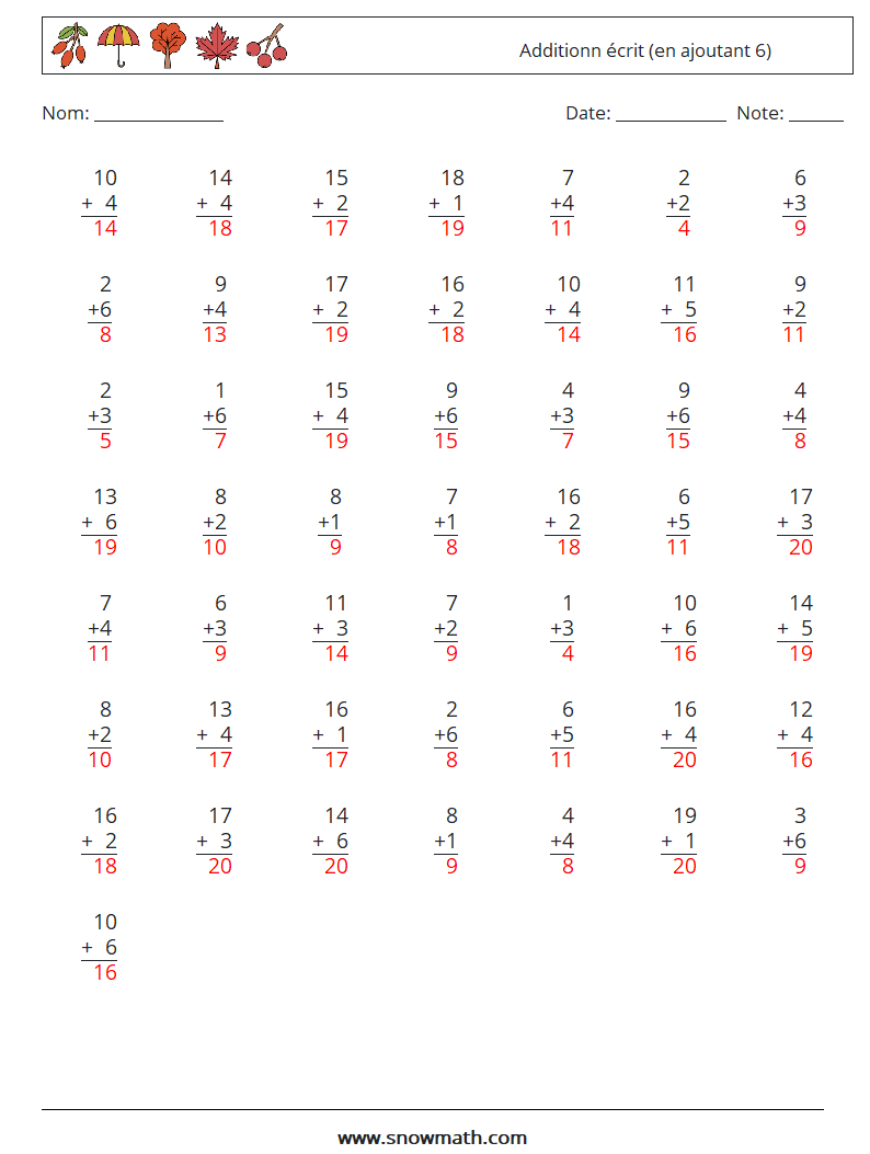 (50) Additionn écrit (en ajoutant 6) Fiches d'Exercices de Mathématiques 9 Question, Réponse