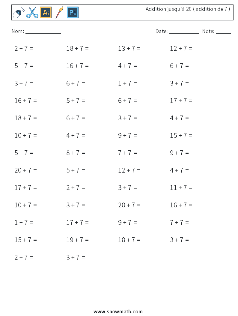 (50) Addition jusqu'à 20 ( addition de 7 ) Fiches d'Exercices de Mathématiques 1