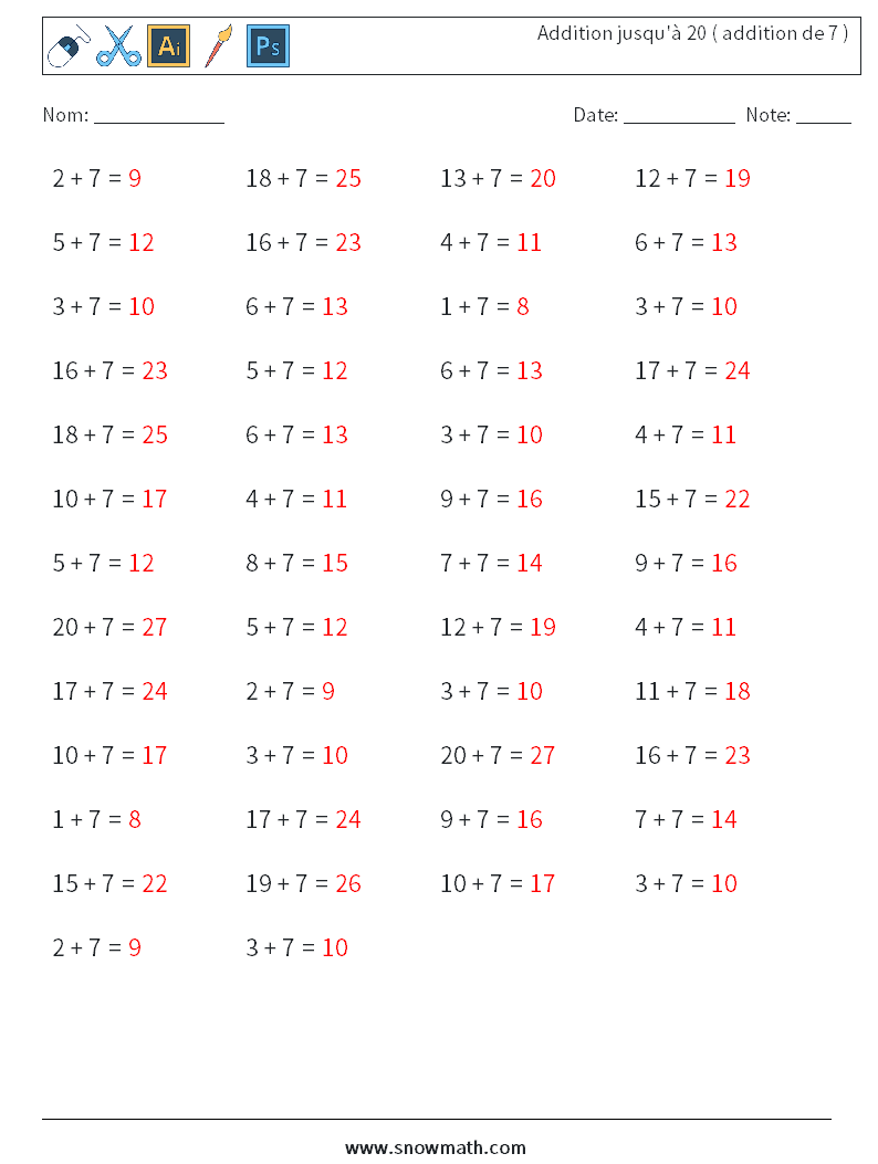 (50) Addition jusqu'à 20 ( addition de 7 ) Fiches d'Exercices de Mathématiques 1 Question, Réponse