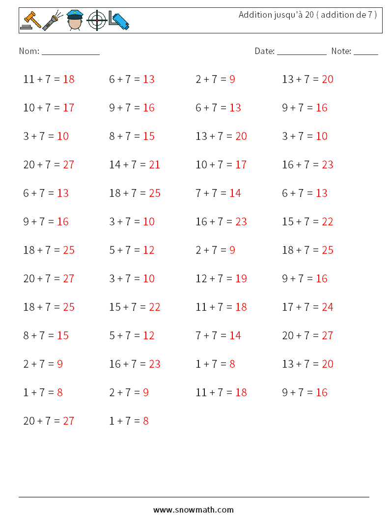 (50) Addition jusqu'à 20 ( addition de 7 ) Fiches d'Exercices de Mathématiques 3 Question, Réponse