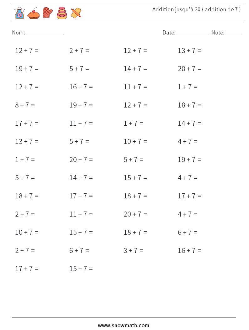 (50) Addition jusqu'à 20 ( addition de 7 ) Fiches d'Exercices de Mathématiques 4