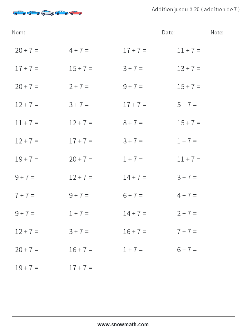 (50) Addition jusqu'à 20 ( addition de 7 ) Fiches d'Exercices de Mathématiques 5