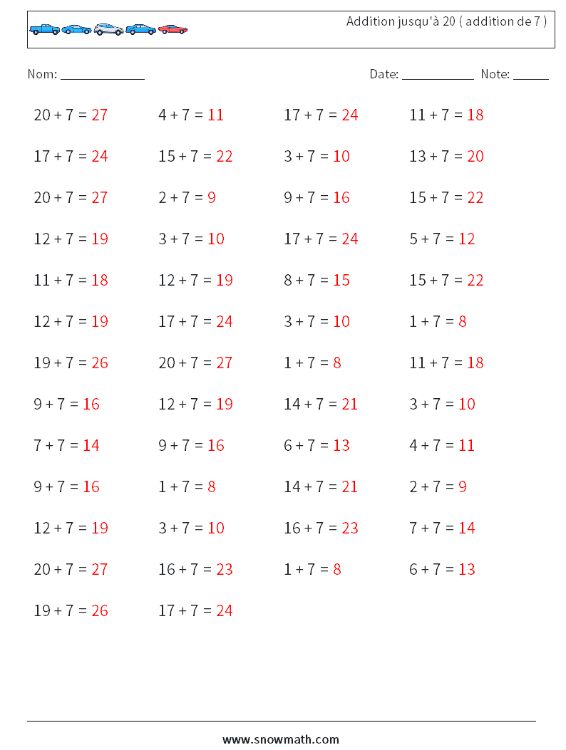 (50) Addition jusqu'à 20 ( addition de 7 ) Fiches d'Exercices de Mathématiques 5 Question, Réponse