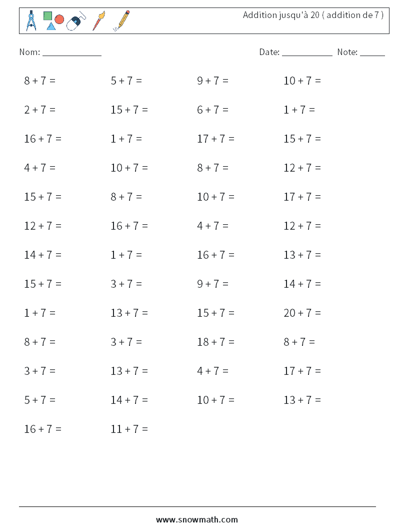 (50) Addition jusqu'à 20 ( addition de 7 ) Fiches d'Exercices de Mathématiques 6