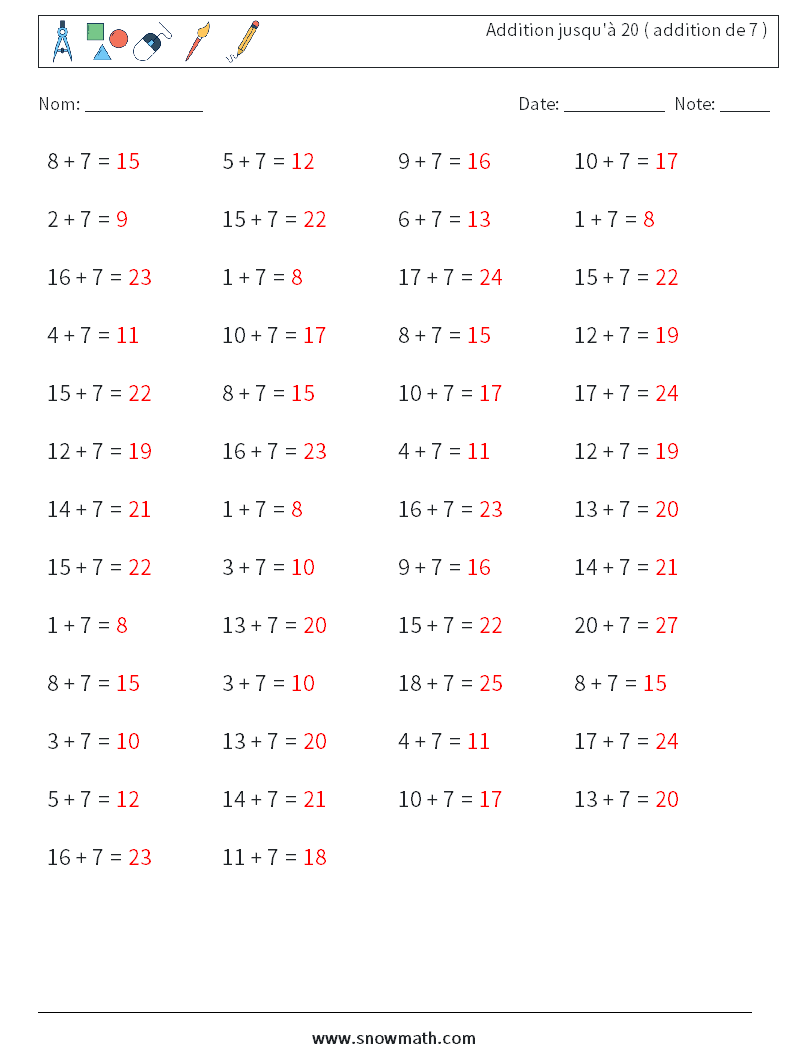 (50) Addition jusqu'à 20 ( addition de 7 ) Fiches d'Exercices de Mathématiques 6 Question, Réponse