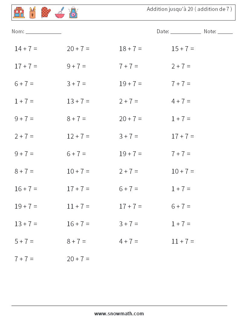 (50) Addition jusqu'à 20 ( addition de 7 ) Fiches d'Exercices de Mathématiques 7