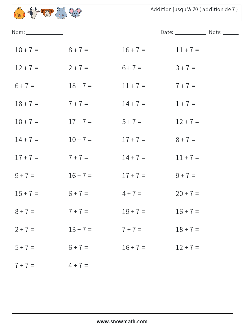 (50) Addition jusqu'à 20 ( addition de 7 ) Fiches d'Exercices de Mathématiques 8