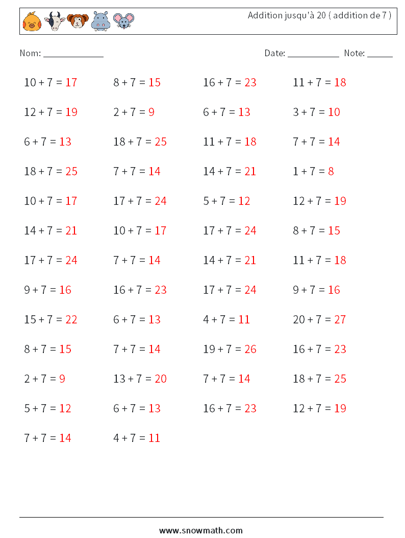 (50) Addition jusqu'à 20 ( addition de 7 ) Fiches d'Exercices de Mathématiques 8 Question, Réponse