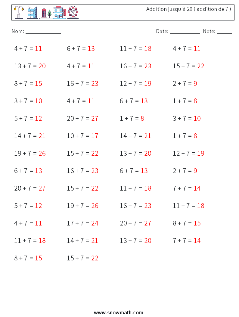 (50) Addition jusqu'à 20 ( addition de 7 ) Fiches d'Exercices de Mathématiques 9 Question, Réponse