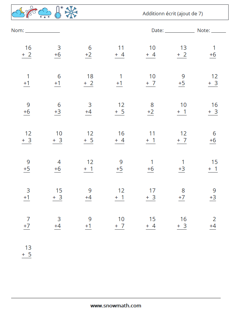 (50) Additionn écrit (ajout de 7) Fiches d'Exercices de Mathématiques 1