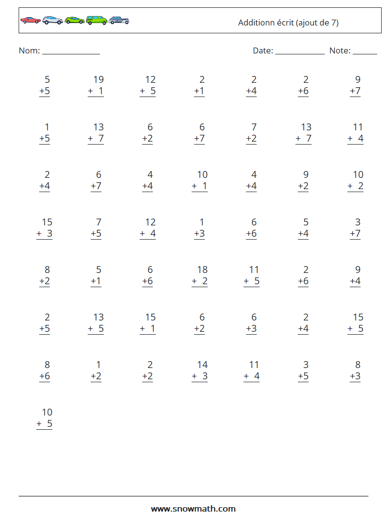 (50) Additionn écrit (ajout de 7) Fiches d'Exercices de Mathématiques 10