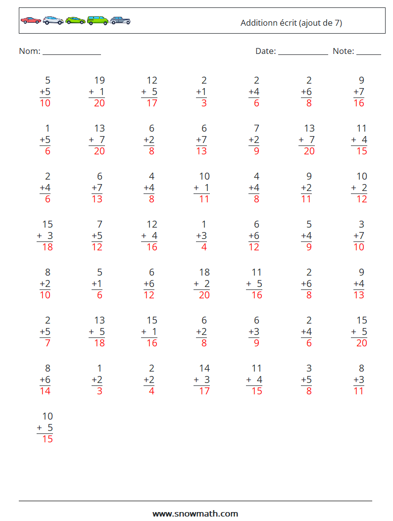 (50) Additionn écrit (ajout de 7) Fiches d'Exercices de Mathématiques 10 Question, Réponse