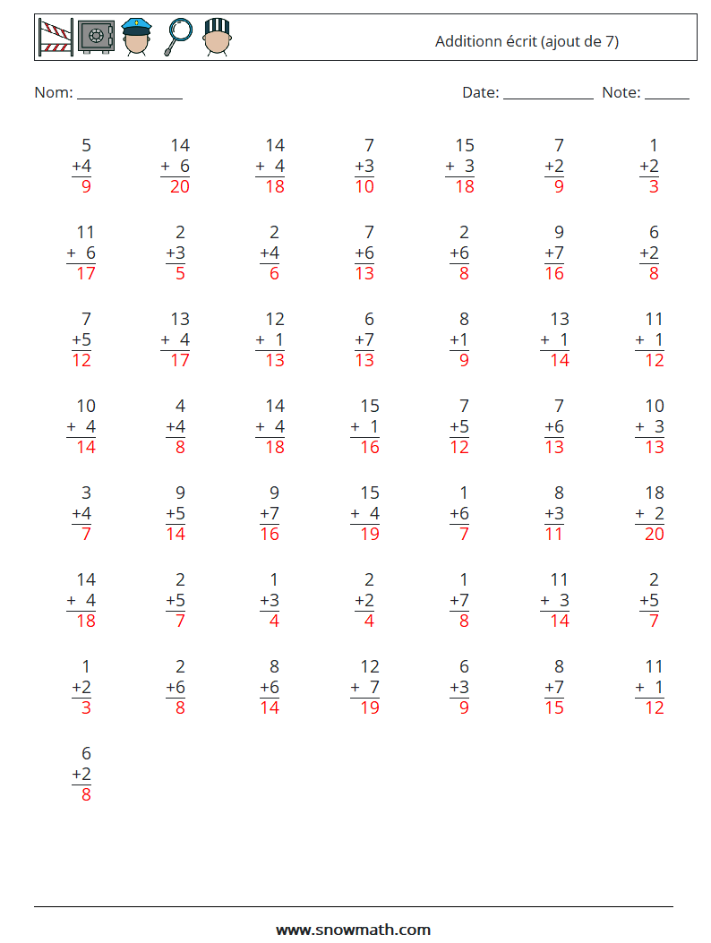 (50) Additionn écrit (ajout de 7) Fiches d'Exercices de Mathématiques 11 Question, Réponse