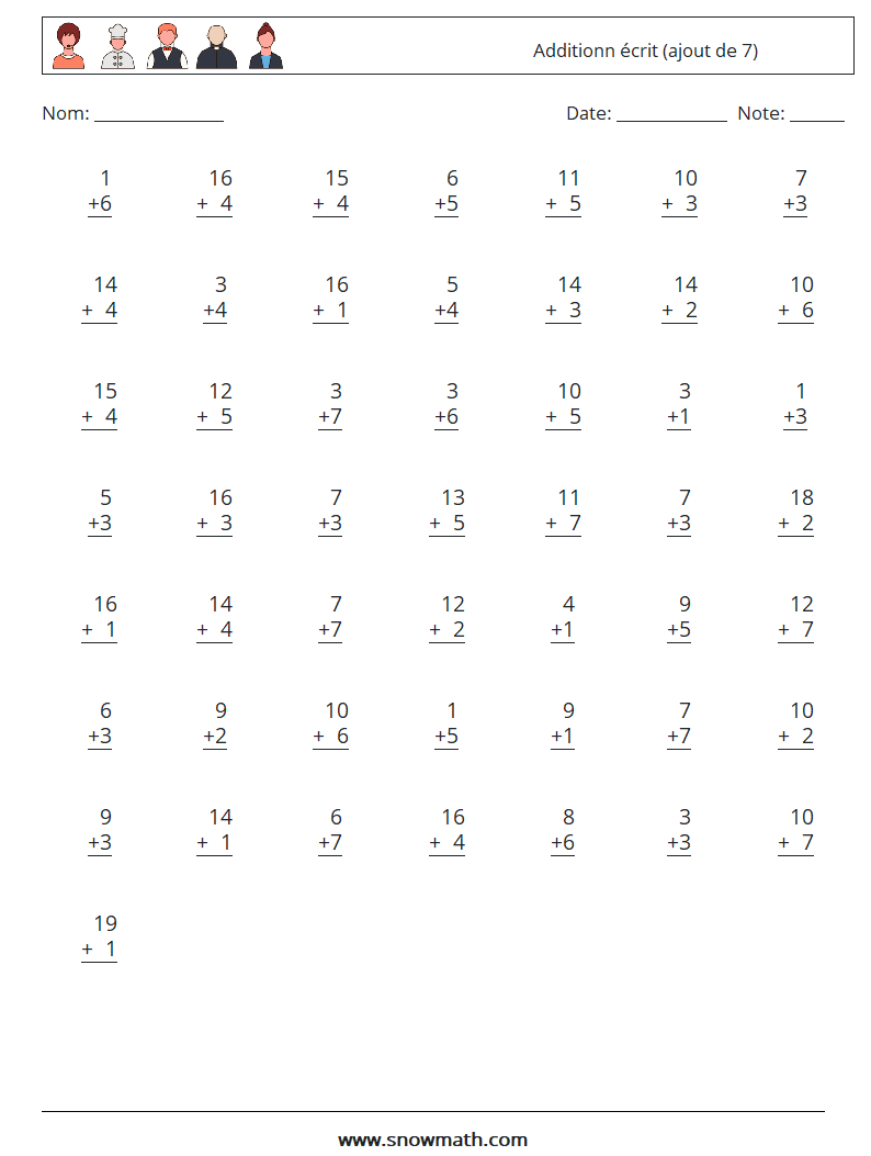 (50) Additionn écrit (ajout de 7) Fiches d'Exercices de Mathématiques 12