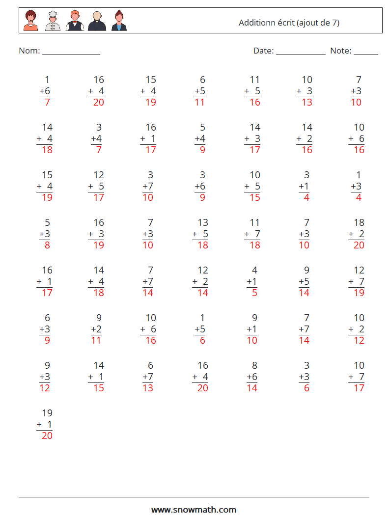 (50) Additionn écrit (ajout de 7) Fiches d'Exercices de Mathématiques 12 Question, Réponse