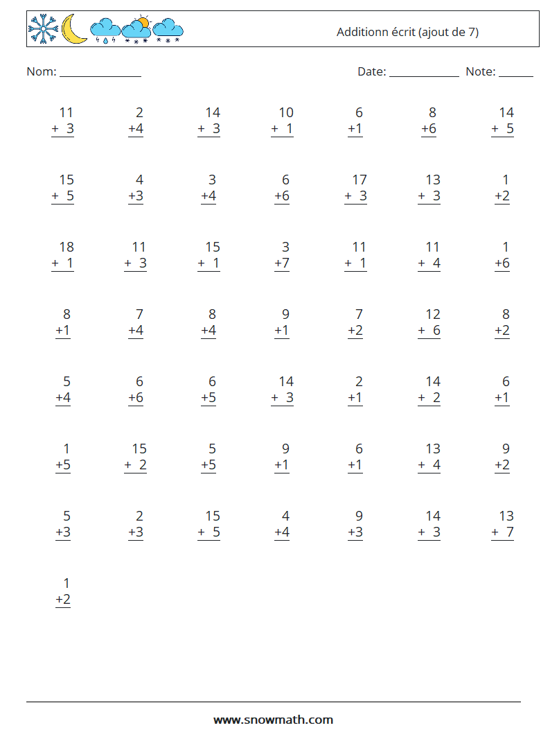 (50) Additionn écrit (ajout de 7) Fiches d'Exercices de Mathématiques 13