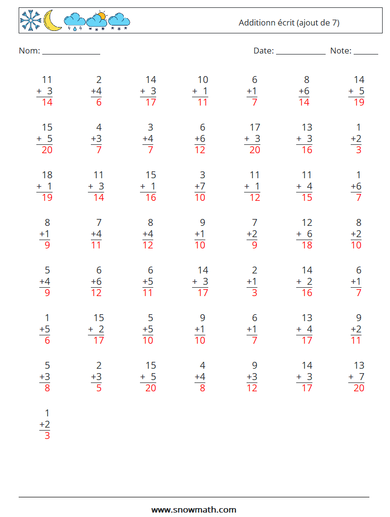 (50) Additionn écrit (ajout de 7) Fiches d'Exercices de Mathématiques 13 Question, Réponse