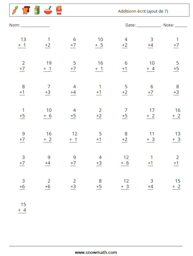 (50) Additionn écrit (ajout de 7) Fiches d'Exercices de Mathématiques 14