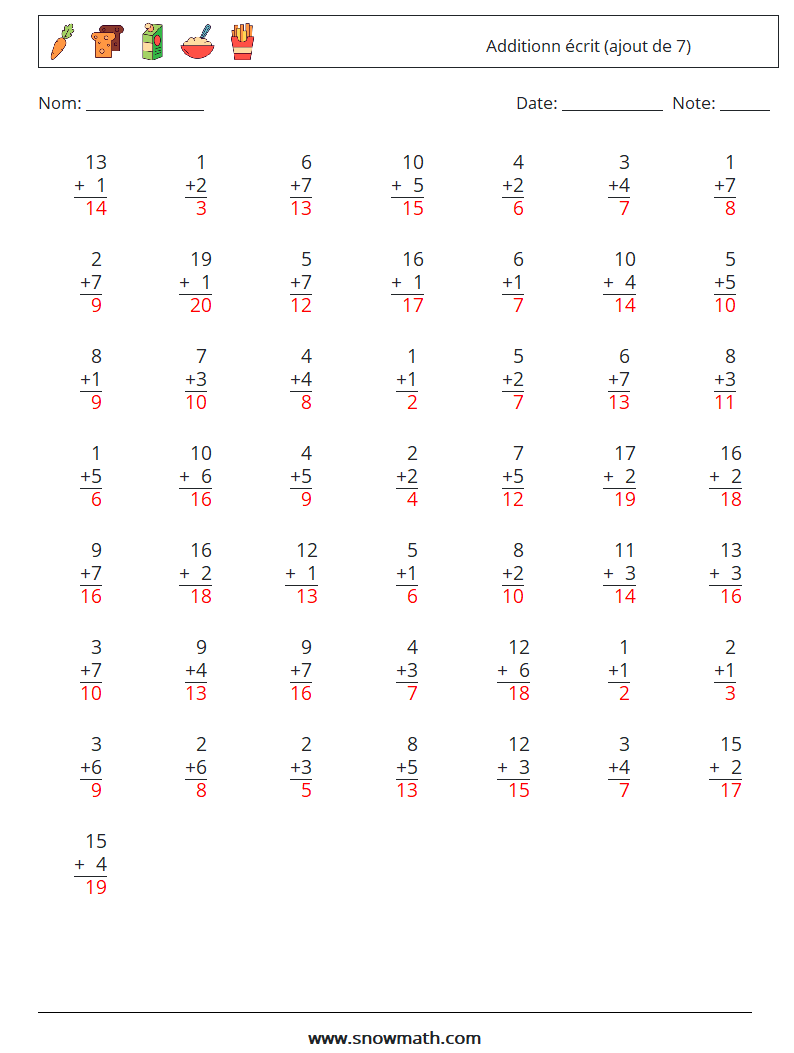 (50) Additionn écrit (ajout de 7) Fiches d'Exercices de Mathématiques 14 Question, Réponse